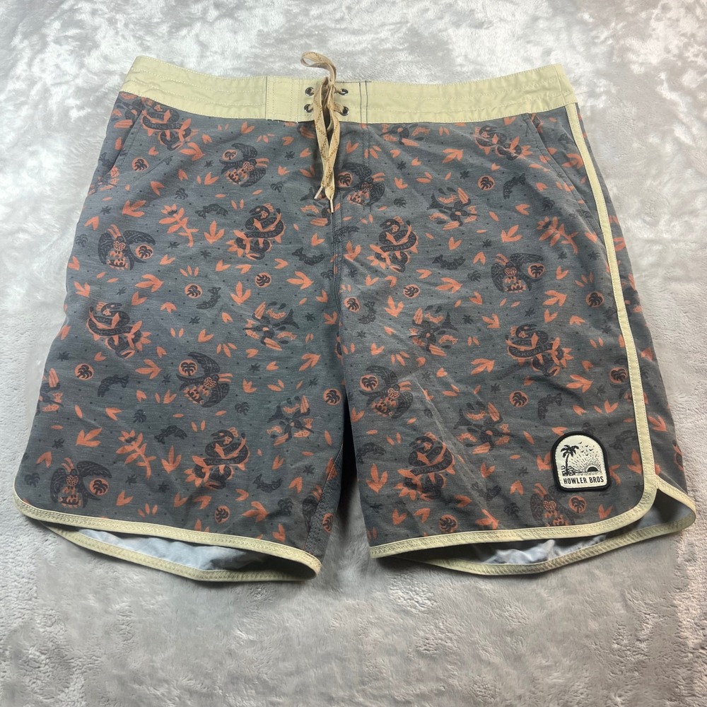 Howler Bros Mens 38 Board Shorts Grey Orange Tropical Print Swim Trunks HB-43597